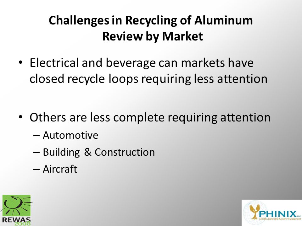 Challenges in Recycling of Aluminum Review by Market Electrical and beverage can markets have closed recycle loops requiring less attention Others are less complete requiring attention – Automotive – Building & Construction – Aircraft