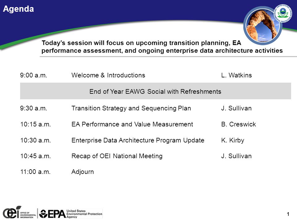 1 Agenda Today’s session will focus on upcoming transition planning, EA performance assessment, and ongoing enterprise data architecture activities 9:00 a.m.Welcome & IntroductionsL.