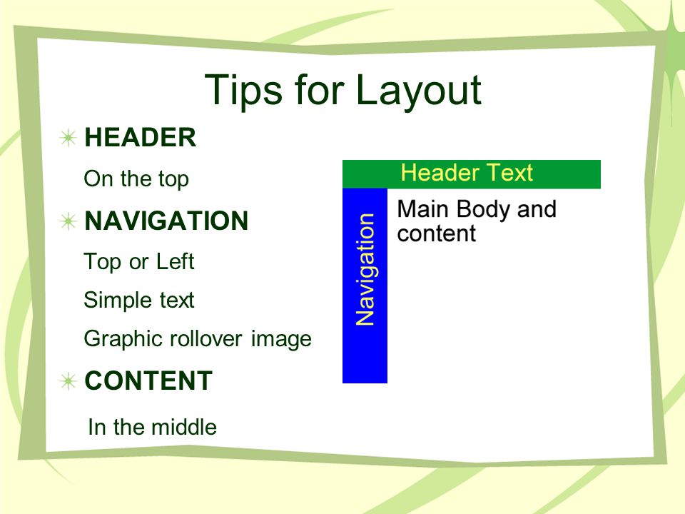 Tips for Layout HEADER On the top NAVIGATION Top or Left Simple text Graphic rollover image CONTENT In the middle