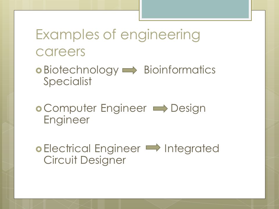 Examples of engineering careers  Biotechnology Bioinformatics Specialist  Computer Engineer Design Engineer  Electrical Engineer Integrated Circuit Designer