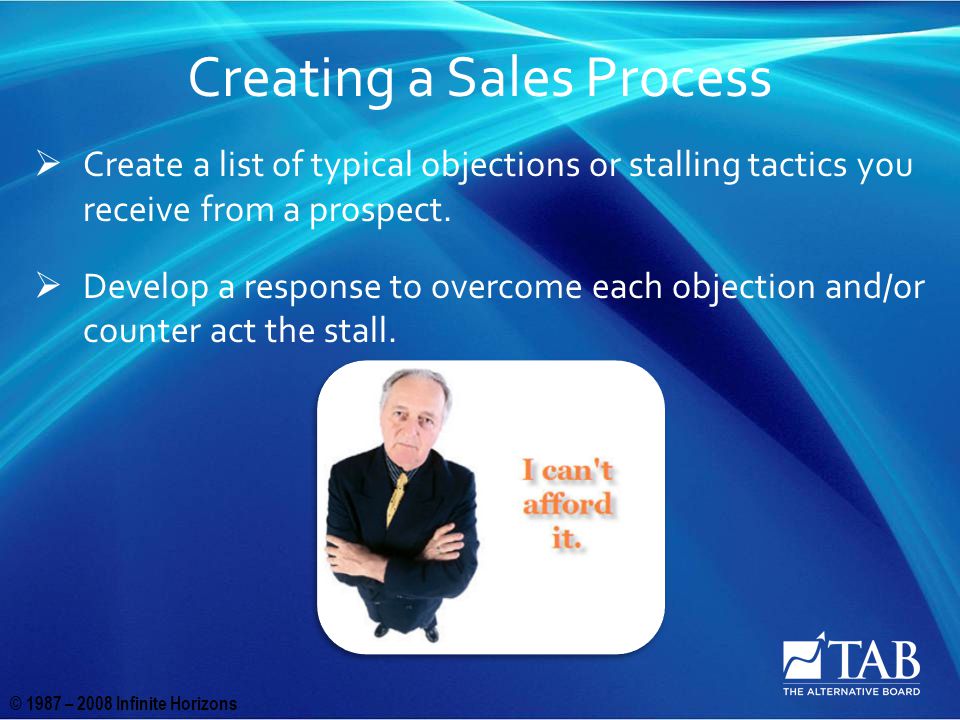 © 1987 – 2008 Infinite Horizons Creating a Sales Process  Create a list of typical objections or stalling tactics you receive from a prospect.