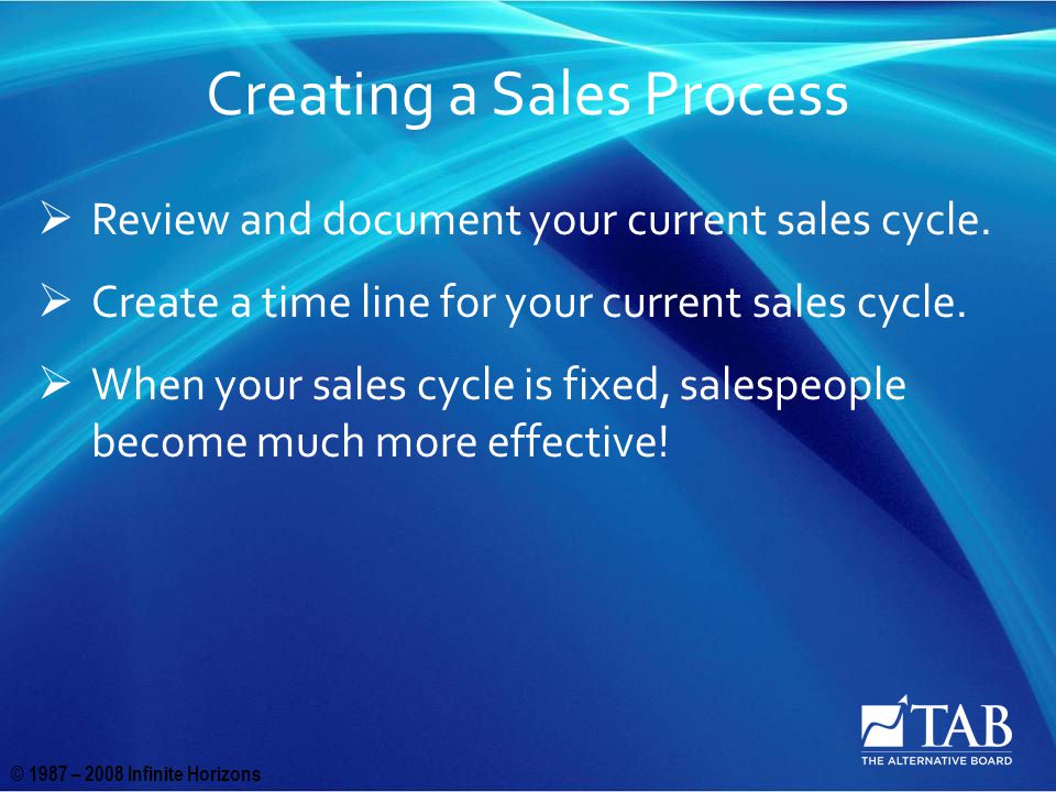 © 1987 – 2008 Infinite Horizons Creating a Sales Process  Review and document your current sales cycle.