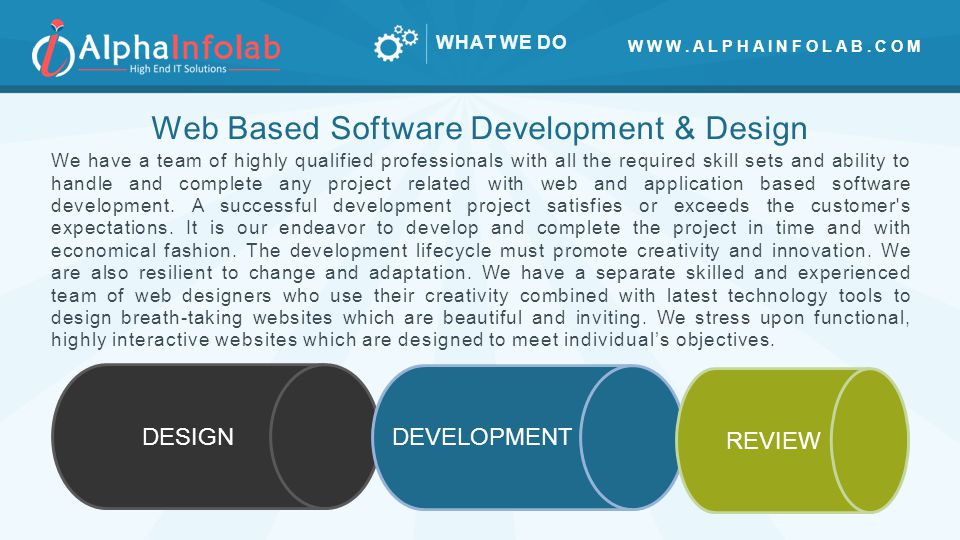 WHAT WE DO DESIGN DEVELOPMENT REVIEW Web Based Software Development & Design We have a team of highly qualified professionals with all the required skill sets and ability to handle and complete any project related with web and application based software development.