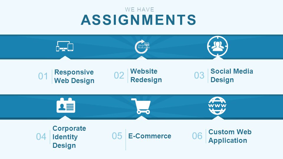 ASSIGNMENTS WE HAVE Responsive Web Design 01 Website Redesign 02 Social Media Design 03 Corporate Identity Design 04 E-Commerce 05 Custom Web Application 06