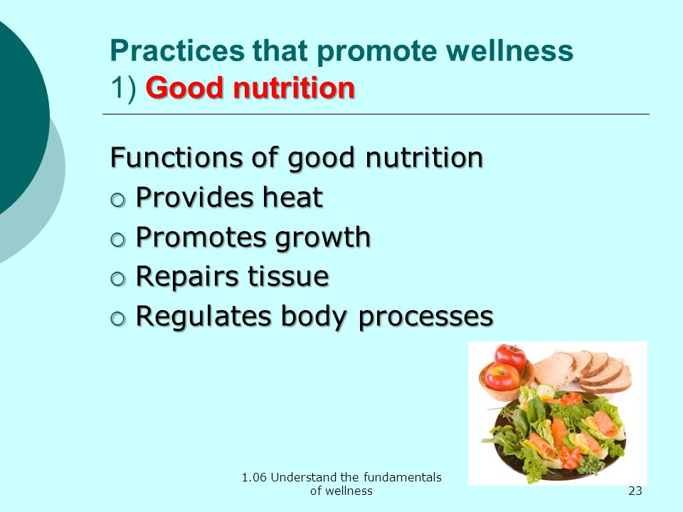 1.06 Understand the fundamentals of wellness Good nutrition Practices that promote wellness 1) Good nutrition Functions of good nutrition  Provides heat  Promotes growth  Repairs tissue  Regulates body processes 23