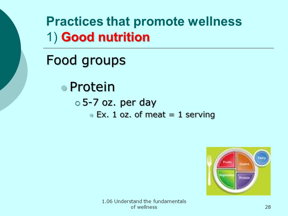 1.06 Understand the fundamentals of wellness Good nutrition Practices that promote wellness 1) Good nutrition Food groups Protein Protein  5-7 oz.
