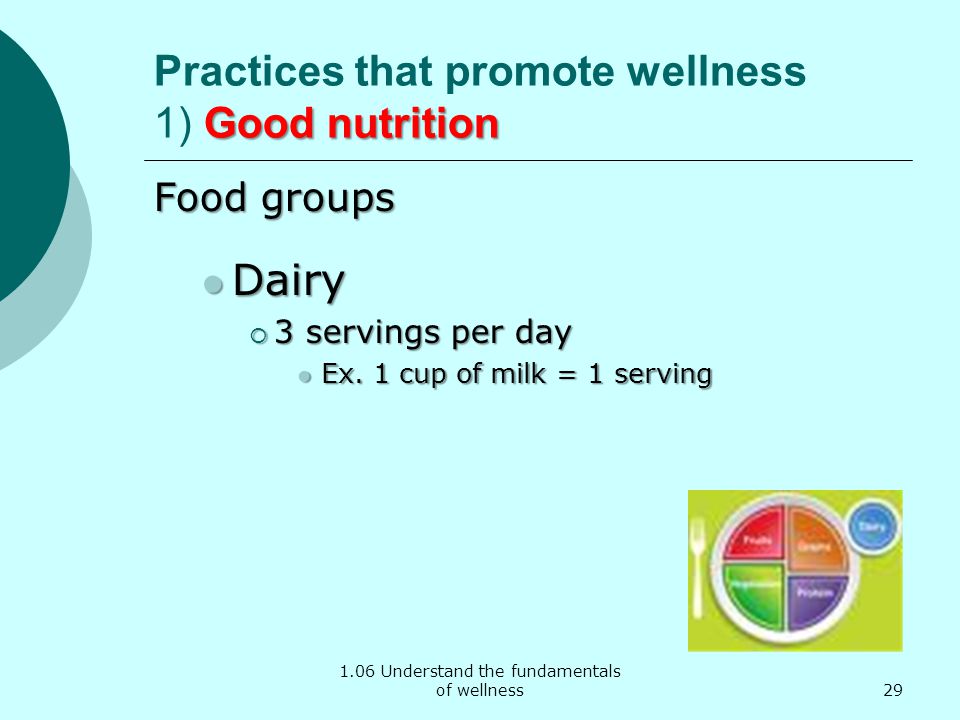 1.06 Understand the fundamentals of wellness Good nutrition Practices that promote wellness 1) Good nutrition Food groups Dairy Dairy  3 servings per day Ex.