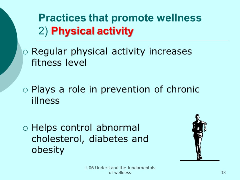 1.06 Understand the fundamentals of wellness Physical activity Practices that promote wellness 2) Physical activity  Regular physical activity increases fitness level  Plays a role in prevention of chronic illness  Helps control abnormal cholesterol, diabetes and obesity 33