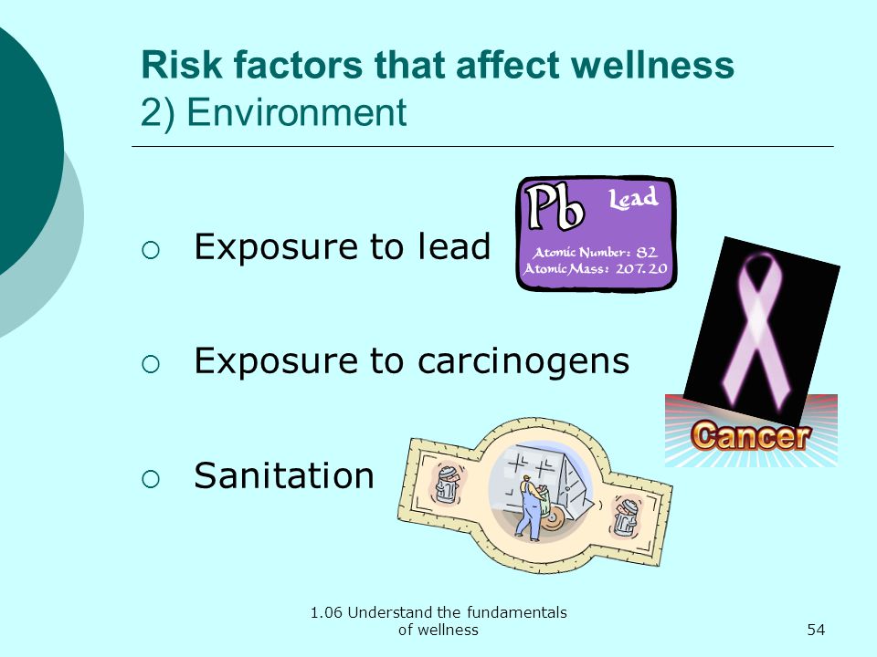 1.06 Understand the fundamentals of wellness Risk factors that affect wellness 2) Environment  Exposure to lead  Exposure to carcinogens  Sanitation 54