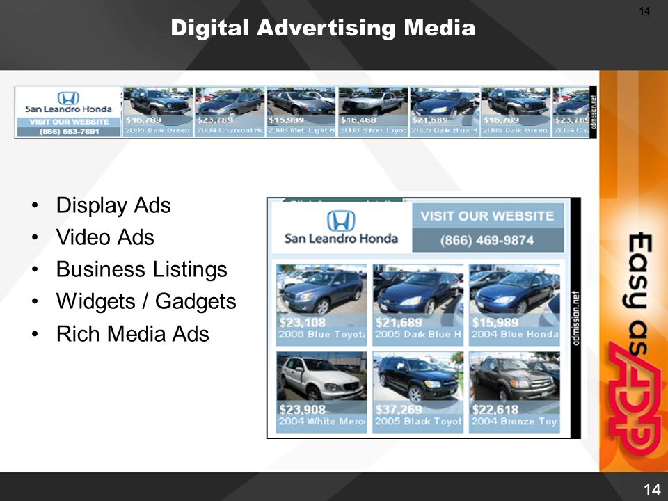 14 Display Ads Video Ads Business Listings Widgets / Gadgets Rich Media Ads Digital Advertising Media