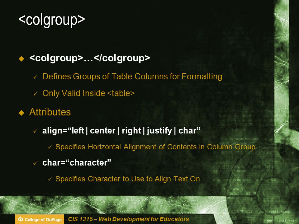 CIS 1315  Development for Educators CIS 1315 HTML Tutorial 5