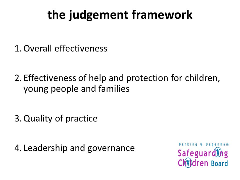 the judgement framework 1.Overall effectiveness 2.Effectiveness of help and protection for children, young people and families 3.Quality of practice 4.Leadership and governance