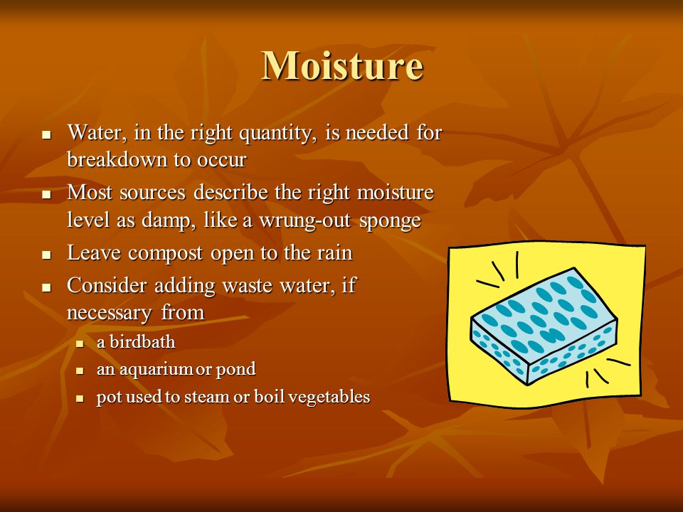 Moisture Water, in the right quantity, is needed for breakdown to occur Water, in the right quantity, is needed for breakdown to occur Most sources describe the right moisture level as damp, like a wrung-out sponge Most sources describe the right moisture level as damp, like a wrung-out sponge Leave compost open to the rain Leave compost open to the rain Consider adding waste water, if necessary from Consider adding waste water, if necessary from a birdbath a birdbath an aquarium or pond an aquarium or pond pot used to steam or boil vegetables pot used to steam or boil vegetables