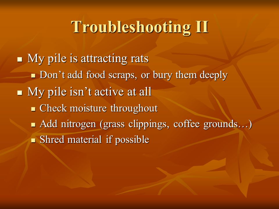 Troubleshooting II My pile is attracting rats My pile is attracting rats Don’t add food scraps, or bury them deeply Don’t add food scraps, or bury them deeply My pile isn’t active at all My pile isn’t active at all Check moisture throughout Check moisture throughout Add nitrogen (grass clippings, coffee grounds…) Add nitrogen (grass clippings, coffee grounds…) Shred material if possible Shred material if possible
