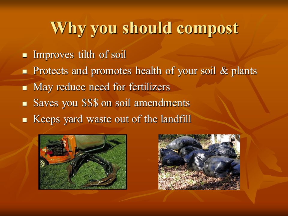 Why you should compost Improves tilth of soil Improves tilth of soil Protects and promotes health of your soil & plants Protects and promotes health of your soil & plants May reduce need for fertilizers May reduce need for fertilizers Saves you $$$ on soil amendments Saves you $$$ on soil amendments Keeps yard waste out of the landfill Keeps yard waste out of the landfill