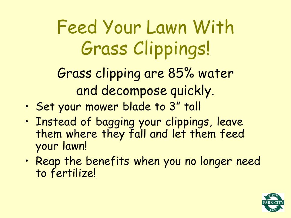 Feed Your Lawn With Grass Clippings. Grass clipping are 85% water and decompose quickly.
