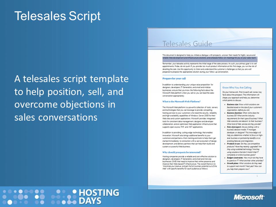 A telesales script template to help position, sell, and overcome objections in sales conversations Telesales Script