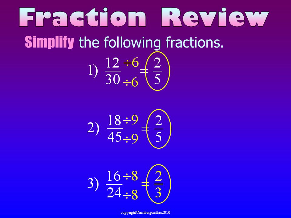 Simplify the following fractions.