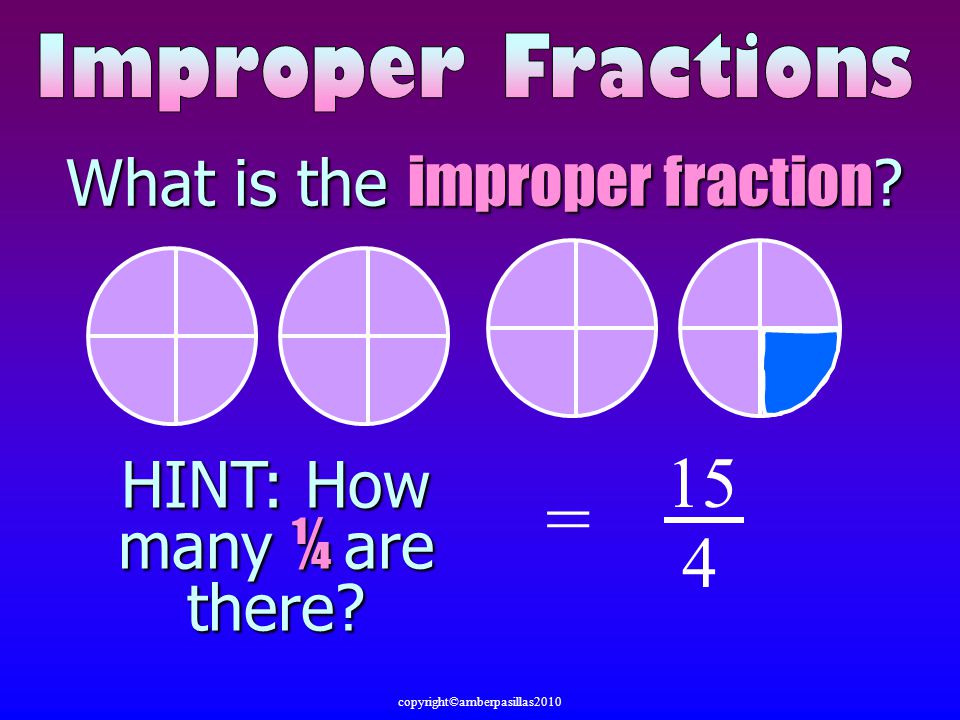 What is the improper fraction = 15 4 HINT: How many ¼ are there copyright©amberpasillas2010