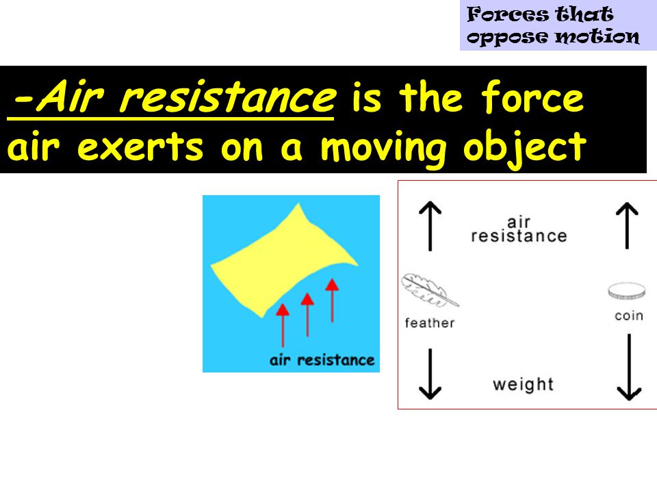 -Air resistance is the force air exerts on a moving object Forces that oppose motion