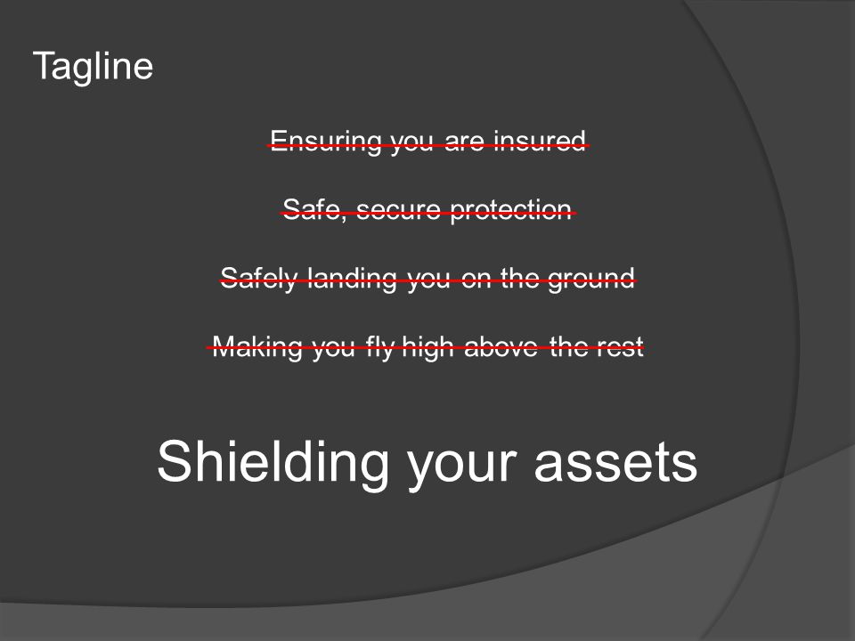 Tagline Shielding your assets Ensuring you are insured Safe, secure protection Safely landing you on the ground Making you fly high above the rest