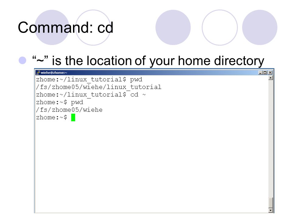 Command: cd ~ is the location of your home directory