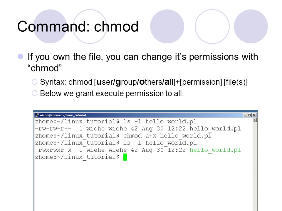 Command: chmod If you own the file, you can change it’s permissions with chmod  Syntax: chmod [ u ser/ g roup/ o thers/ a ll]+[permission] [file(s)]  Below we grant execute permission to all: