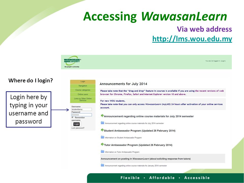 Accessing WawasanLearn Via web address   Login here by typing in your username and password Where do I login