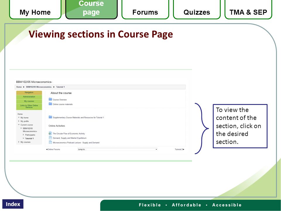 To view the content of the section, click on the desired section.