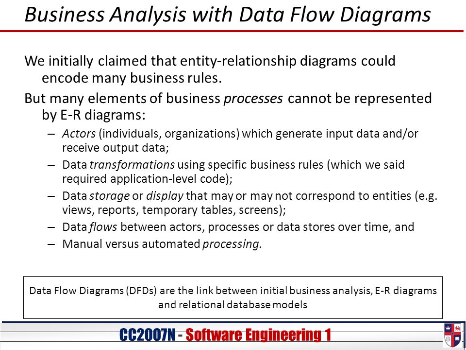 Business Analysis with Data Flow Diagrams We initially claimed that entity-relationship diagrams could encode many business rules.