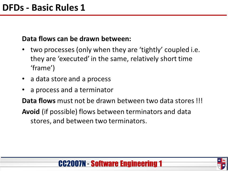 CC20O7N - Software Engineering 1 DFDs - Basic Rules 1 Data flows can be drawn between: two processes (only when they are ‘tightly’ coupled i.e.