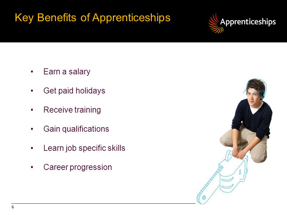 6 Key Benefits of Apprenticeships Earn a salary Get paid holidays Receive training Gain qualifications Learn job specific skills Career progression