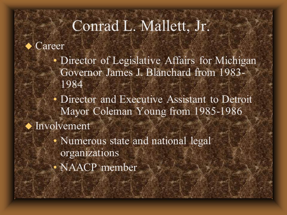u Career Director of Legislative Affairs for Michigan Governor James J.