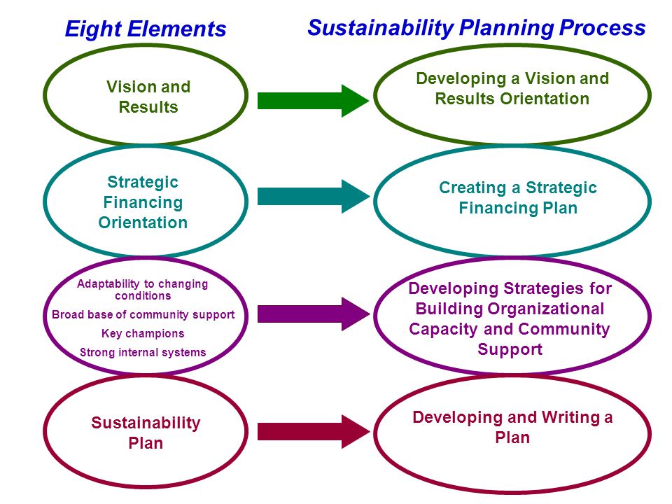 Developing a Vision and Results Orientation Vision and Results Strategic Financing Orientation Creating a Strategic Financing Plan Adaptability to changing conditions Broad base of community support Key champions Strong internal systems Developing Strategies for Building Organizational Capacity and Community Support Sustainability Plan Developing and Writing a Plan Eight Elements Sustainability Planning Process
