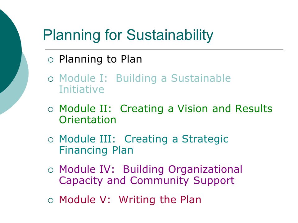 Planning for Sustainability  Planning to Plan  Module I: Building a Sustainable Initiative  Module II: Creating a Vision and Results Orientation  Module III: Creating a Strategic Financing Plan  Module IV: Building Organizational Capacity and Community Support  Module V: Writing the Plan