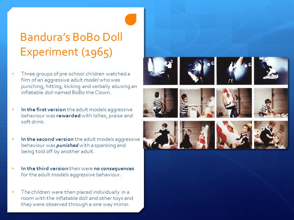 Bandura’s BoBo Doll Experiment (1965) Three groups of pre-school children watched a film of an aggressive adult model who was punching, hitting, kicking and verbally abusing an inflatable doll named BoBo the Clown.