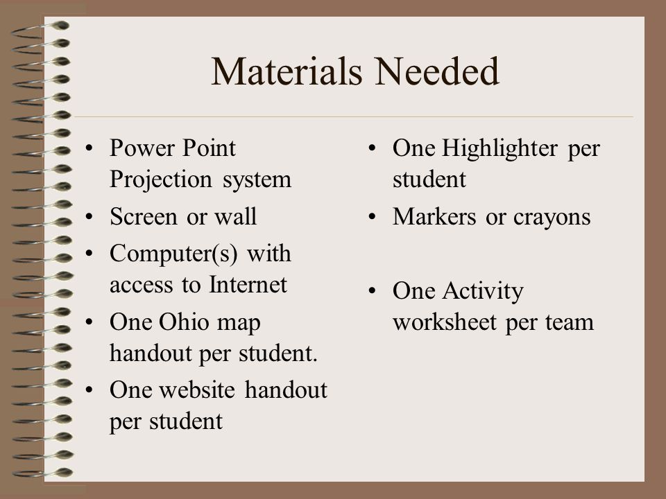 Materials Needed Power Point Projection system Screen or wall Computer(s) with access to Internet One Ohio map handout per student.