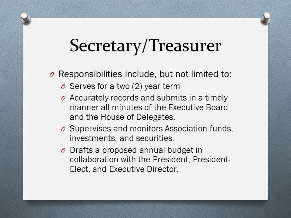 Secretary/Treasurer O Responsibilities include, but not limited to: O Serves for a two (2) year term O Accurately records and submits in a timely manner all minutes of the Executive Board and the House of Delegates.