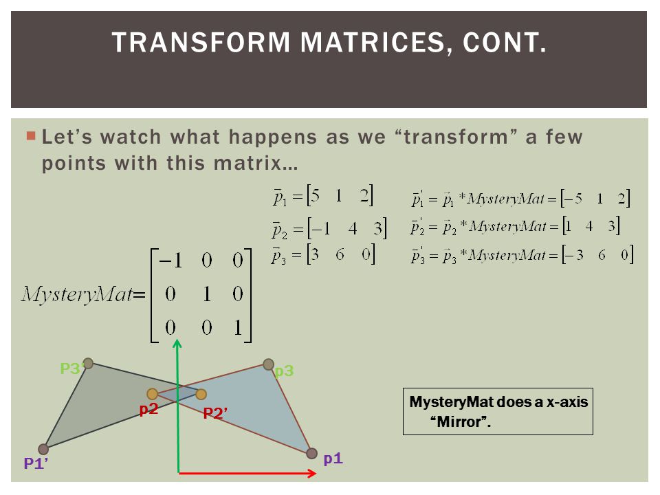  Let’s watch what happens as we transform a few points with this matrix… TRANSFORM MATRICES, CONT.
