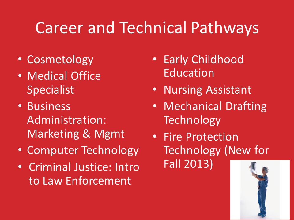 Career and Technical Pathways Cosmetology Medical Office Specialist Business Administration: Marketing & Mgmt Computer Technology Criminal Justice: Intro to Law Enforcement Early Childhood Education Nursing Assistant Mechanical Drafting Technology Fire Protection Technology (New for Fall 2013)