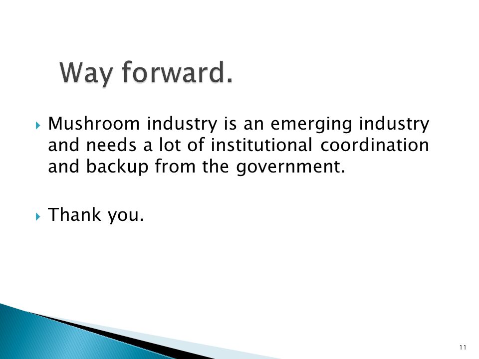  Mushroom industry is an emerging industry and needs a lot of institutional coordination and backup from the government.