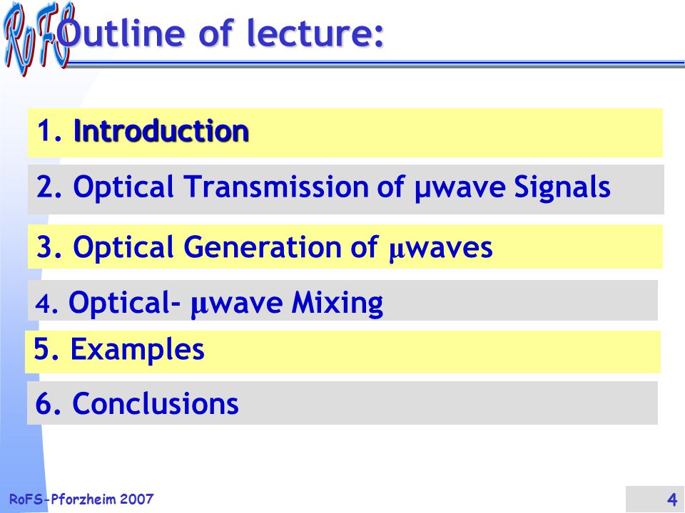 RoFS-Pforzheim Optical Transmission of μwave Signals Outline of lecture: Introduction 1.