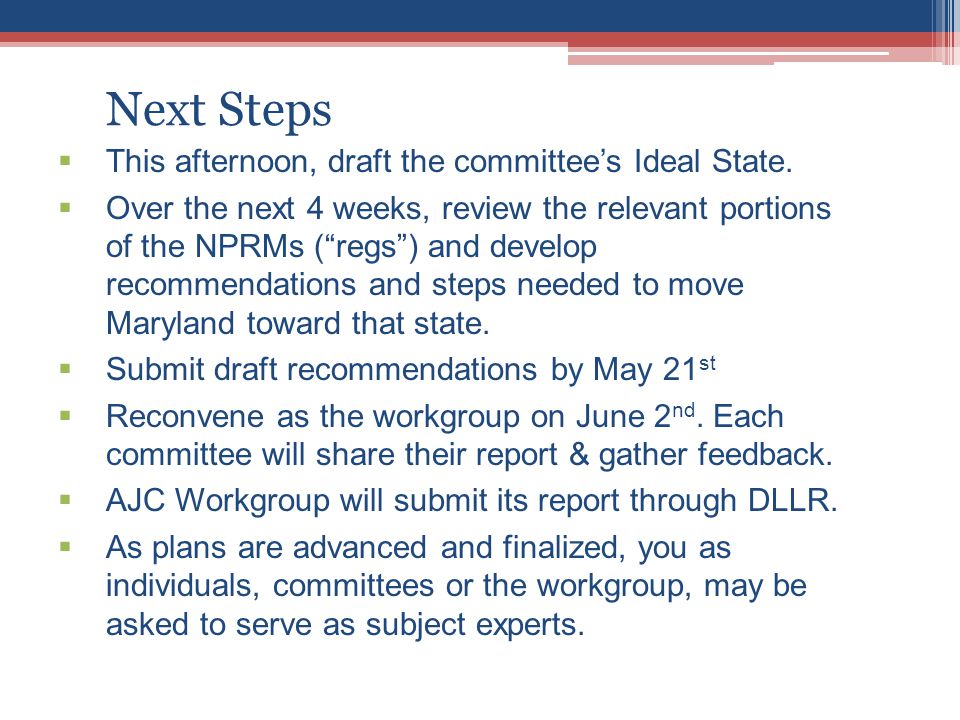 Next Steps  This afternoon, draft the committee’s Ideal State.