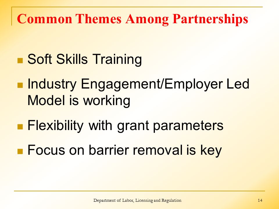 Common Themes Among Partnerships Soft Skills Training Industry Engagement/Employer Led Model is working Flexibility with grant parameters Focus on barrier removal is key Department of Labor, Licensing and Regulation 14
