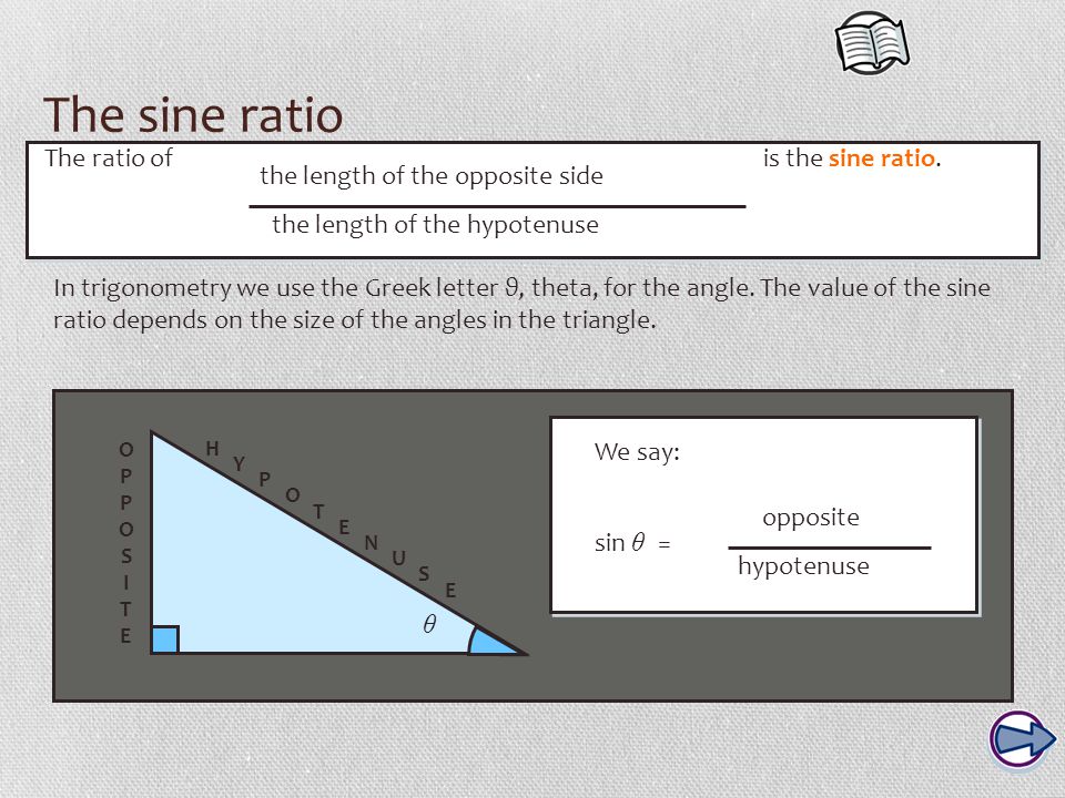 The sine ratio The ratio of the length of the opposite side the length of the hypotenuse is the sine ratio.