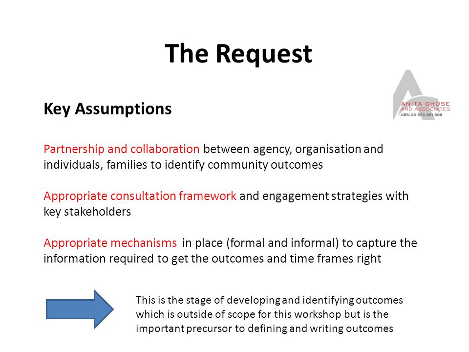 The Request Key Assumptions Partnership and collaboration between agency, organisation and individuals, families to identify community outcomes Appropriate consultation framework and engagement strategies with key stakeholders Appropriate mechanisms in place (formal and informal) to capture the information required to get the outcomes and time frames right This is the stage of developing and identifying outcomes which is outside of scope for this workshop but is the important precursor to defining and writing outcomes