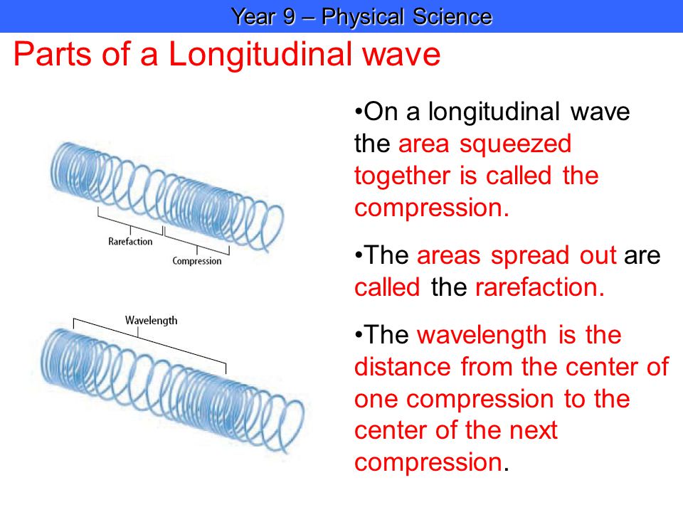 Year 9 – Physical Science Year 9 – Physical Science Parts of a Longitudinal wave On a longitudinal wave the area squeezed together is called the compression.