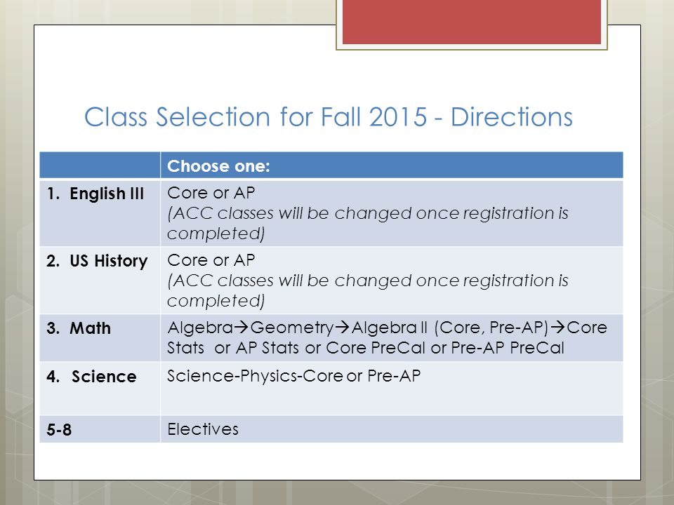 Class Selection for Fall Directions Choose one: 1.