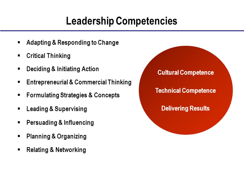 Leadership Competencies  Adapting & Responding to Change  Critical Thinking  Deciding & Initiating Action  Entrepreneurial & Commercial Thinking  Formulating Strategies & Concepts  Leading & Supervising  Persuading & Influencing  Planning & Organizing  Relating & Networking Cultural Competence Technical Competence Delivering Results