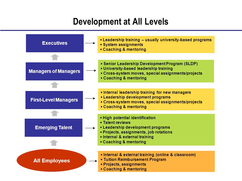 Development at All Levels First-Level Managers Managers of Managers Executives Emerging Talent  High potential identification  Talent reviews  Leadership development programs  Projects, assignments, job rotations  Internal & external training  Coaching & mentoring  Internal leadership training for new managers  Leadership development programs  Cross-system moves, special assignments/projects  Coaching & mentoring  Senior Leadership Development Program (SLDP)  University-based leadership training  Cross-system moves, special assignments/projects  Coaching & mentoring  Leadership training – usually university-based programs  System assignments  Coaching & mentoring All Employees  Internal & external training (online & classroom)  Tuition Reimbursement Program  Projects, assignments  Coaching & mentoring